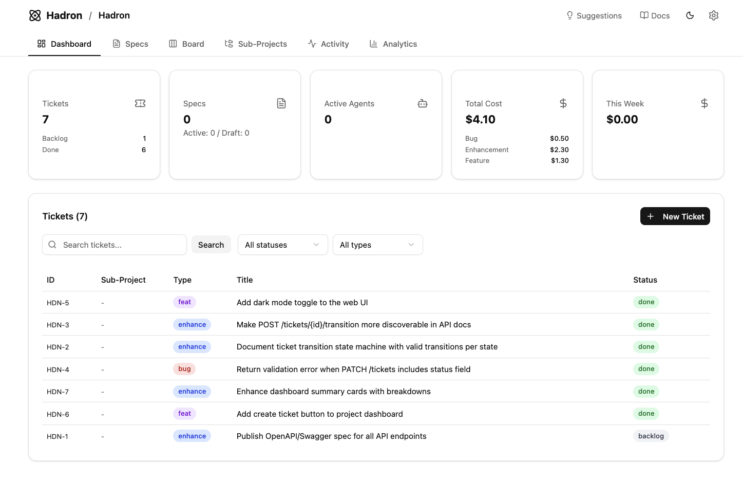 Hadron — Projects dashboard